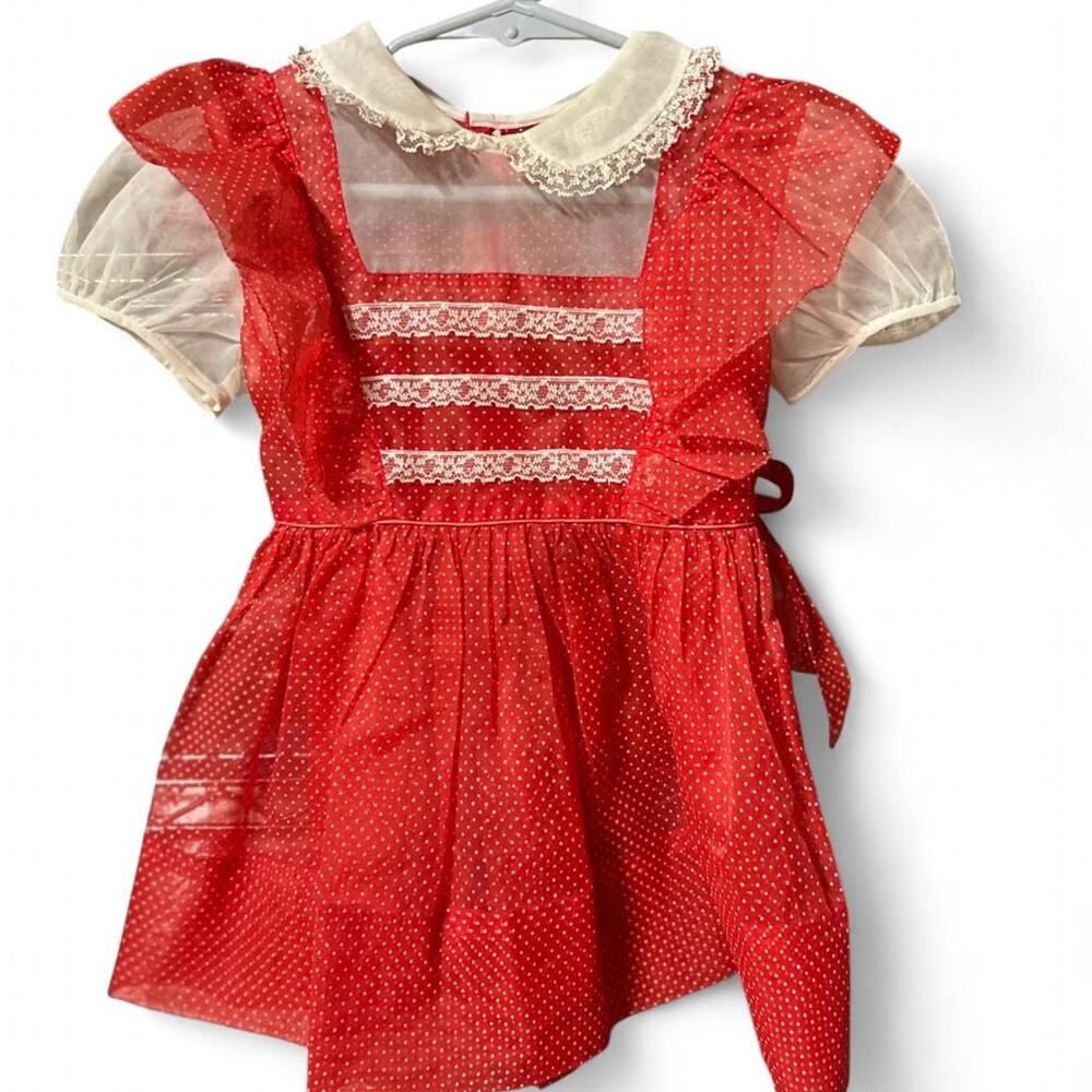 Size 3 vintage 1970s red polka dot semi-sheer baby doll style dress Peter Pan